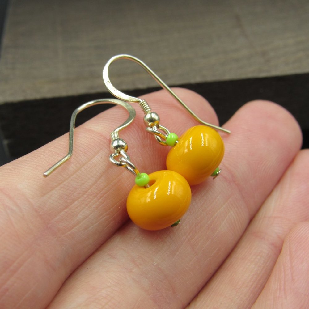 Sterling Silver Small Orange Glass Ball Earrings - Picture 2 of 5